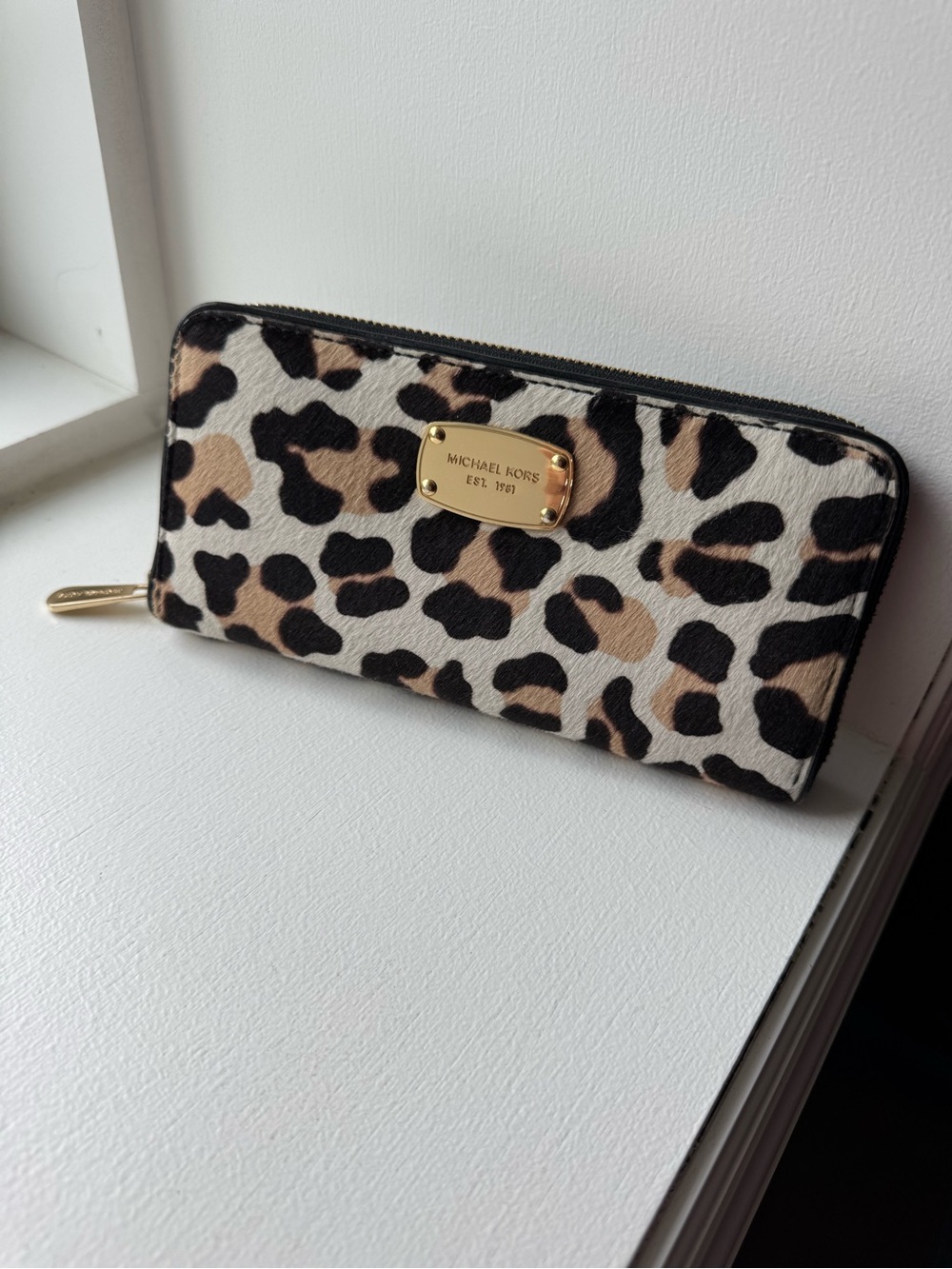 Michael Kors Leopard Print Zip-Around Wallet in Black, Tan & Cream